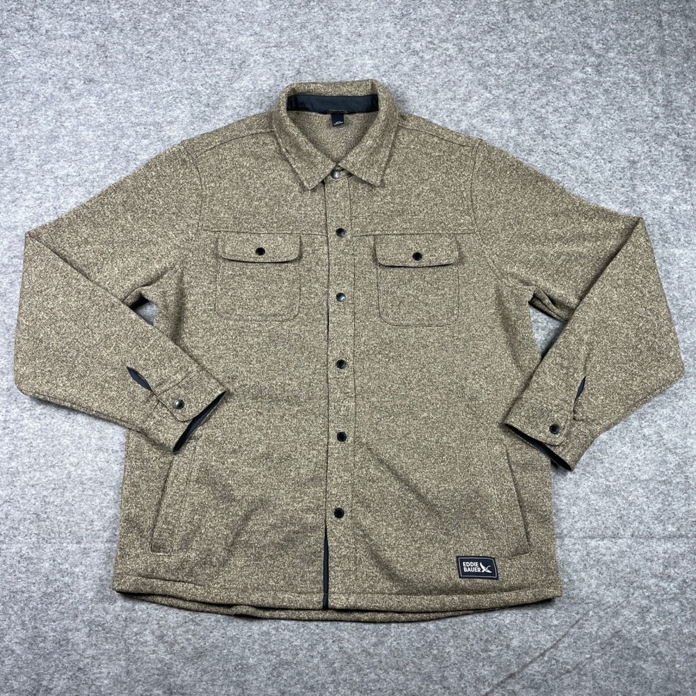 Eddie Bauer Shirt Jacket Mens L Brown Sweater Knit Fleece Lined Snap Pockets